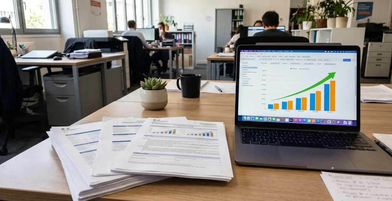 Bureau moderne et lumineux avec grande baie vitrée donnant sur une architecture urbaine européenne, ordinateur portable fermé et accessoires minimalistes sur le bureau