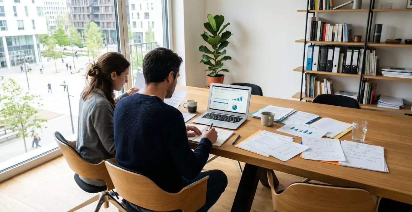Un couple vu de dos assis à une table moderne avec ordinateur portable et documents financiers épars, dans un intérieur contemporain lumineux