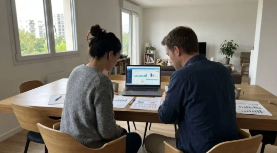 Un couple vu de dos assis à une table moderne avec ordinateur portable et documents financiers épars, dans un intérieur contemporain lumineux