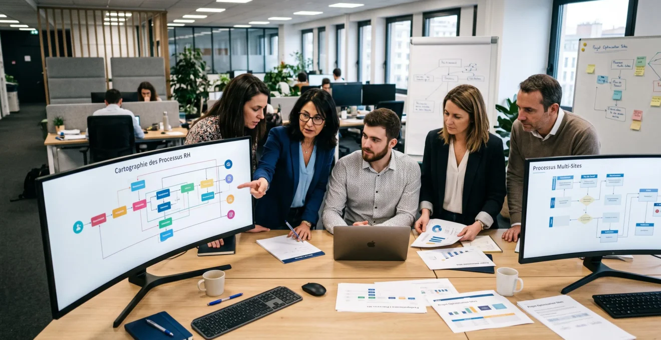 Équipe RH d'une ETI multi-sites analysant ses processus de paie et de gestion RH
