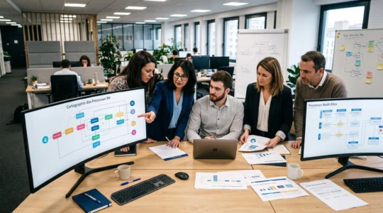Équipe RH d'une ETI multi-sites analysant ses processus de paie et de gestion RH