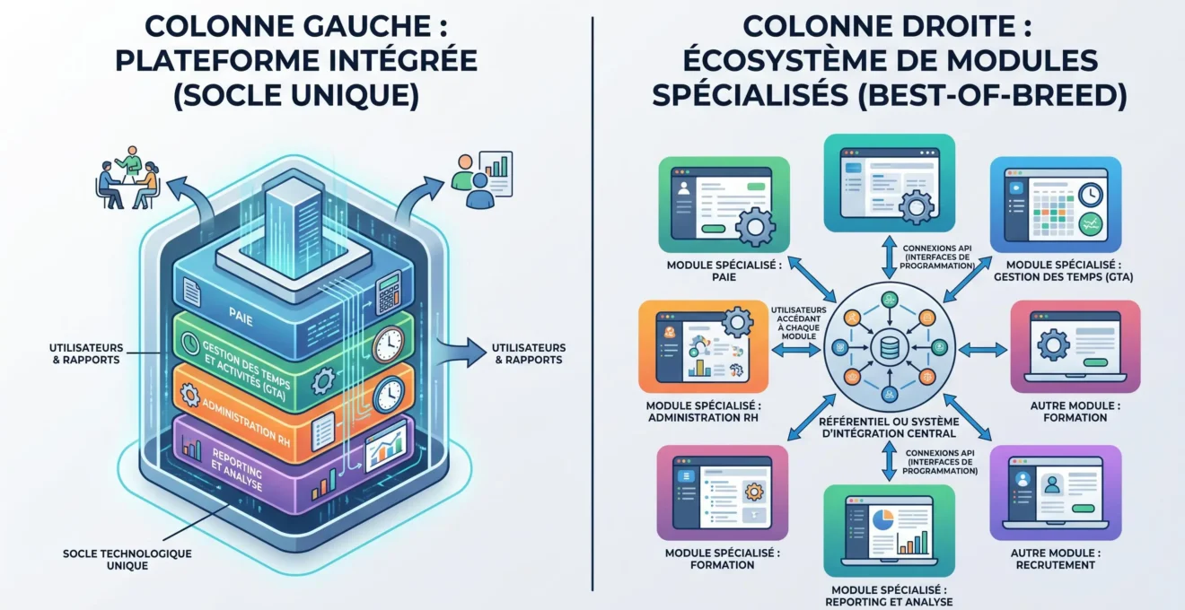 Comparaison visuelle entre plateforme RH intégrée et architecture RH modulaire